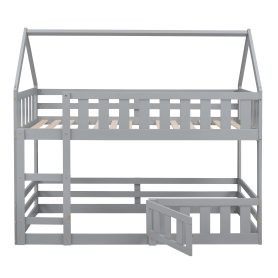 Low Twin over Twin House Bunk Bed with Fence and Door