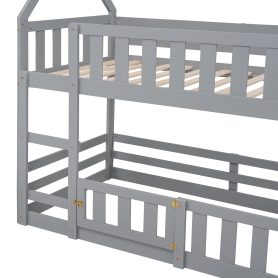 Low Twin over Twin House Bunk Bed with Fence and Door