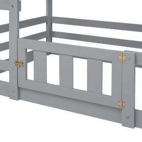 Low Twin over Twin House Bunk Bed with Fence and Door