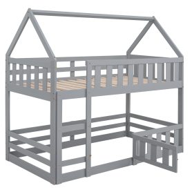 Low Twin over Twin House Bunk Bed with Fence and Door