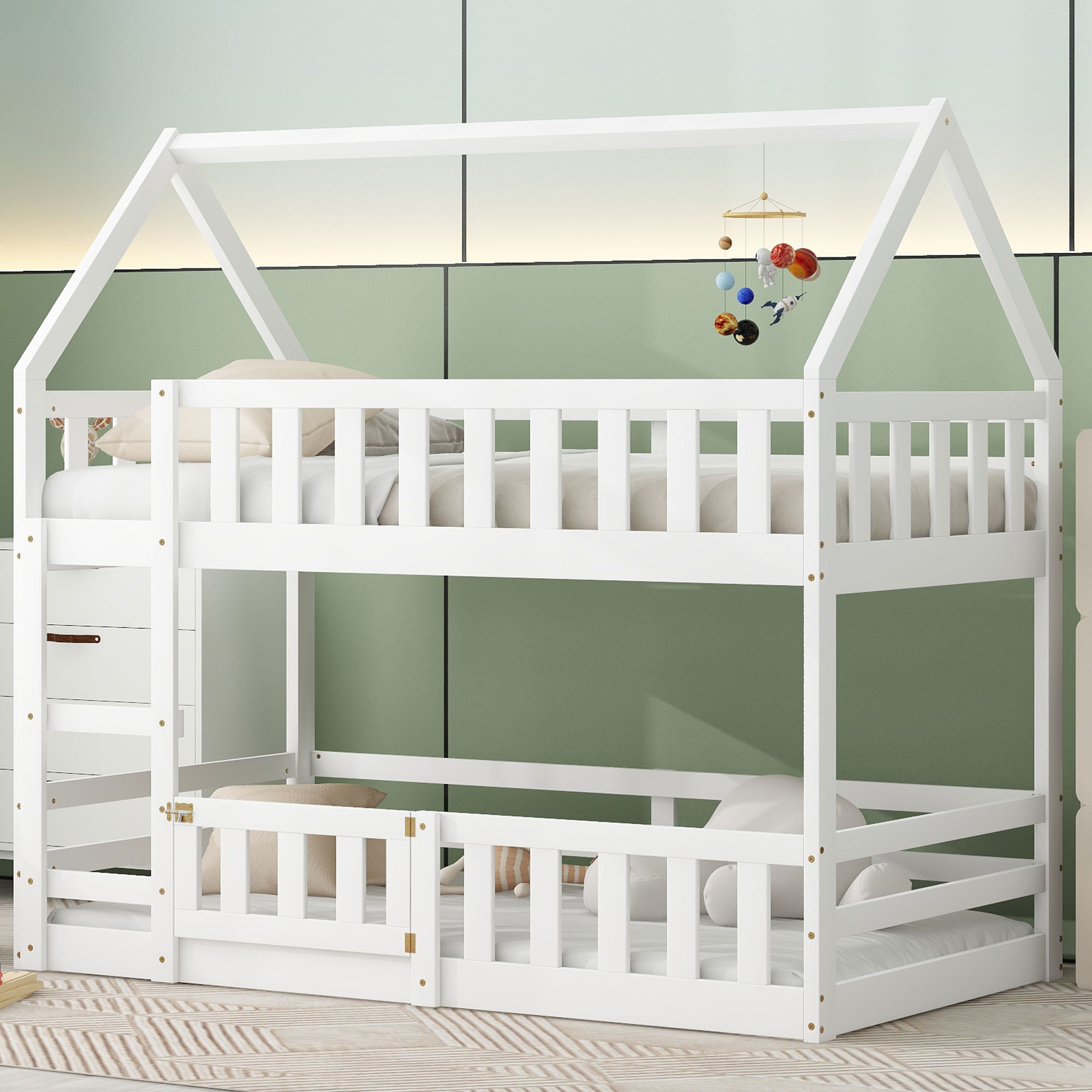 Low Twin over Twin House Bunk Bed with Fence and Door