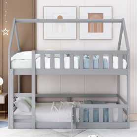 Low Twin over Twin House Bunk Bed with Fence and Door