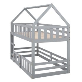 Low Twin over Twin House Bunk Bed with Fence and Door
