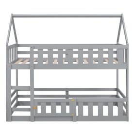 Low Twin over Twin House Bunk Bed with Fence and Door