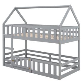 Low Twin over Twin House Bunk Bed with Fence and Door