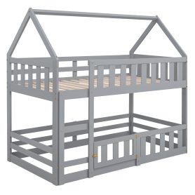 Low Twin over Twin House Bunk Bed with Fence and Door