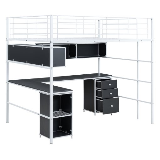 Metal Full Size Loft Bed With Bookcase, Desk And Cabinet