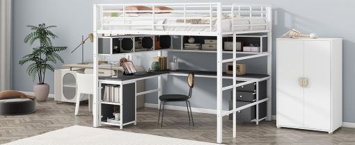 Metal Full Size Loft Bed With Bookcase, Desk And Cabinet