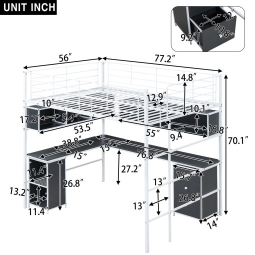 Metal Full Size Loft Bed With Bookcase, Desk And Cabinet