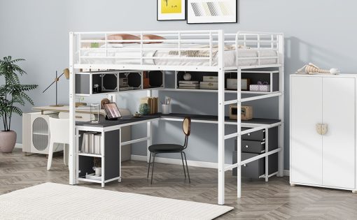 Metal Full Size Loft Bed With Bookcase, Desk And Cabinet