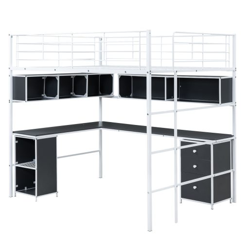 Metal Full Size Loft Bed With Bookcase, Desk And Cabinet