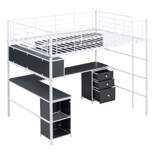 Metal Full Size Loft Bed With Bookcase, Desk And Cabinet