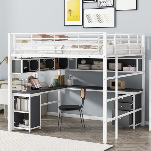 Metal Full Size Loft Bed With Bookcase, Desk And Cabinet