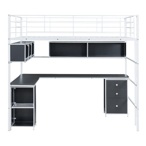 Metal Full Size Loft Bed With Bookcase, Desk And Cabinet