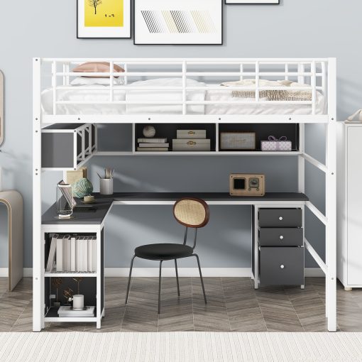 Metal Full Size Loft Bed With Bookcase, Desk And Cabinet