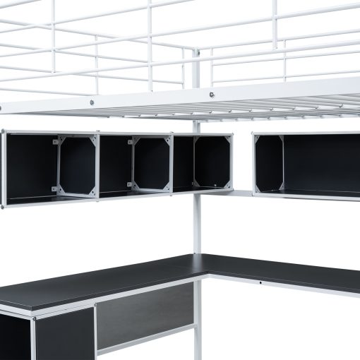 Metal Full Size Loft Bed With Bookcase, Desk And Cabinet
