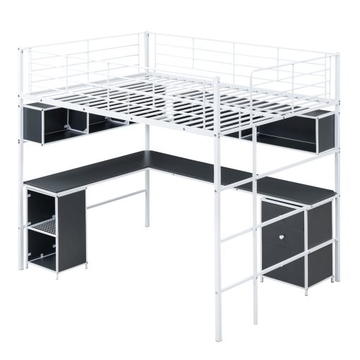 Metal Full Size Loft Bed With Bookcase, Desk And Cabinet