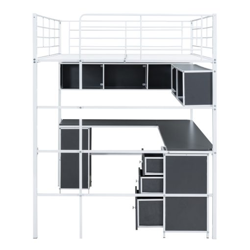 Metal Full Size Loft Bed With Bookcase, Desk And Cabinet