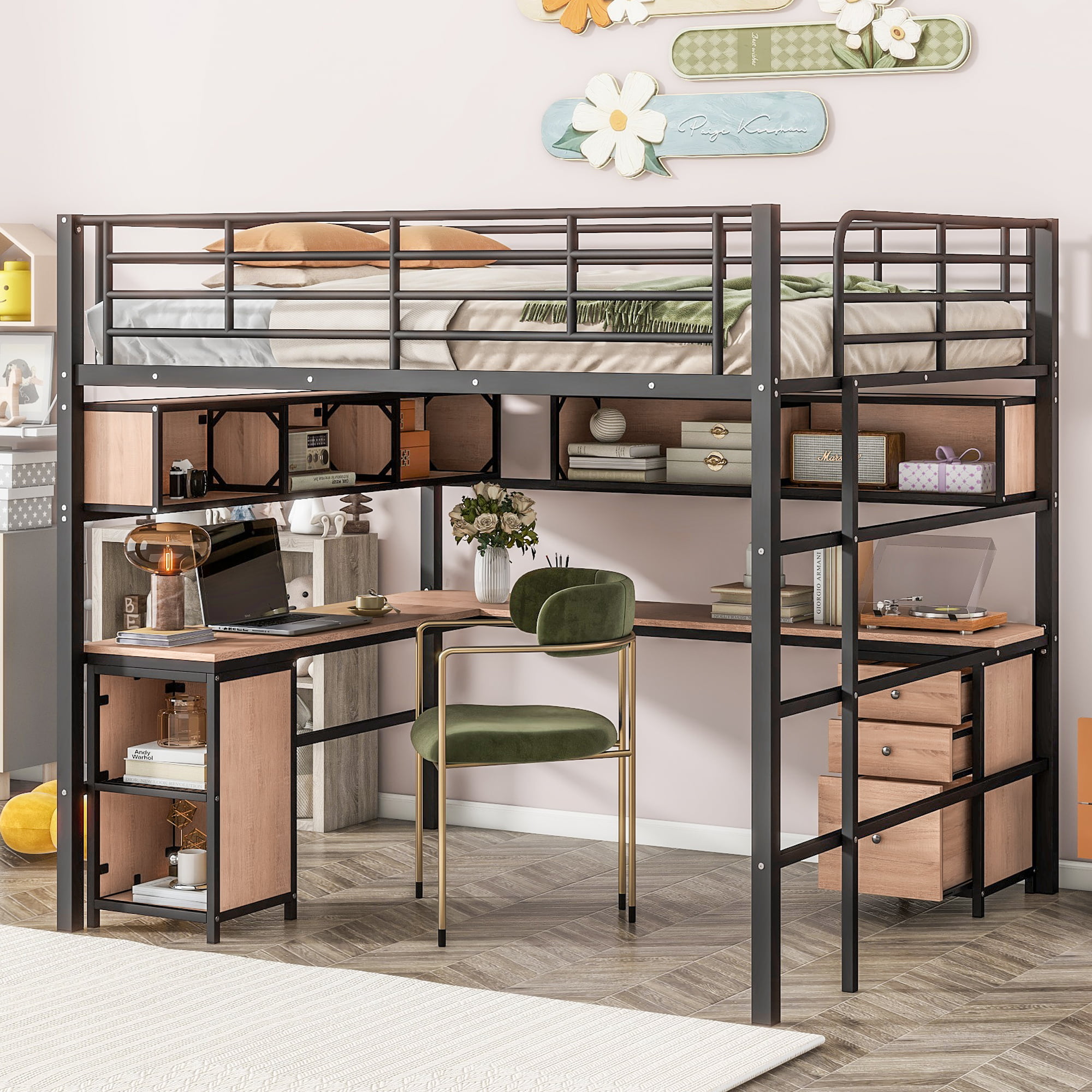 Metal Full Size Loft Bed With Bookcase, Desk And Cabinet