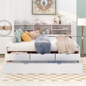 Full Size Wooden Captain Bed with Built-in Bookshelves,Three Storage Drawers and Trundle