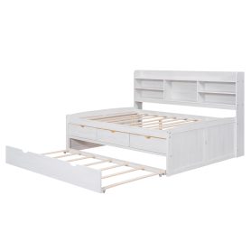 Full Size Wooden Captain Bed with Built-in Bookshelves,Three Storage Drawers and Trundle