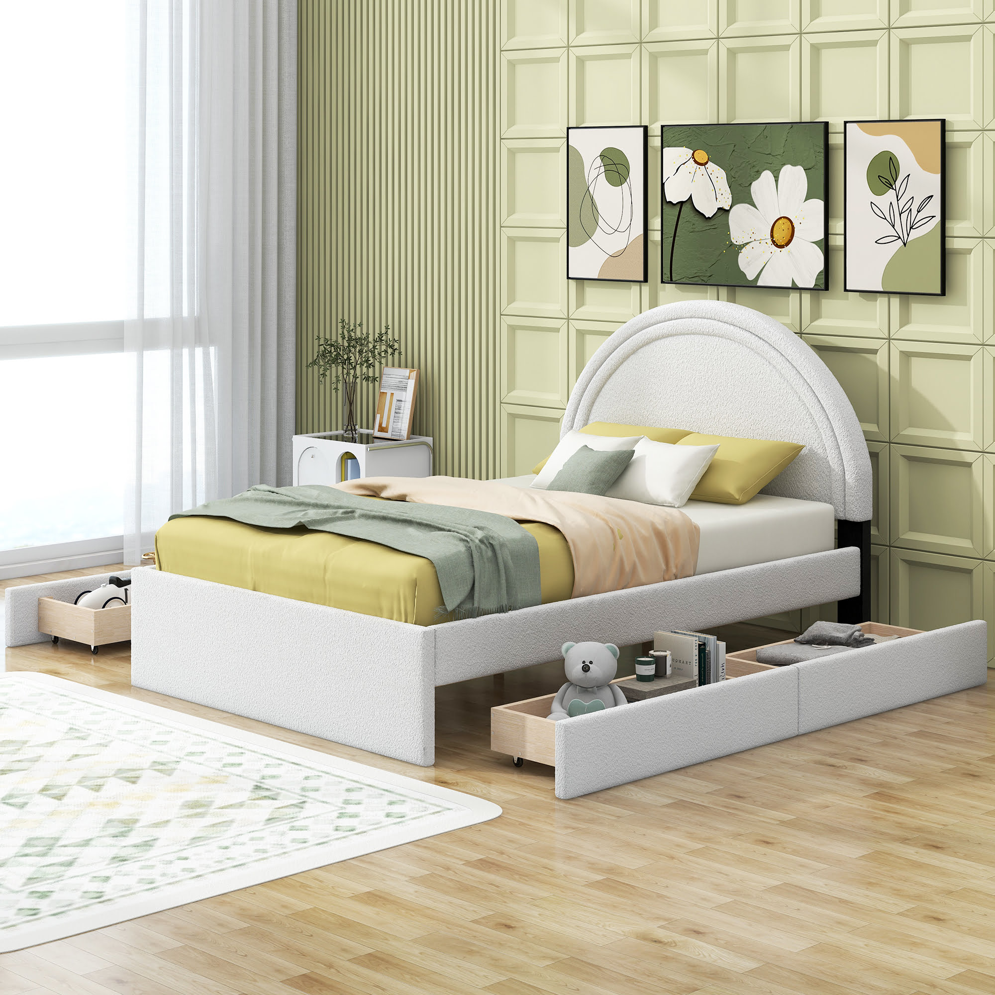 Teddy Upholstered Platform Bed With Four Drawers, Full Size