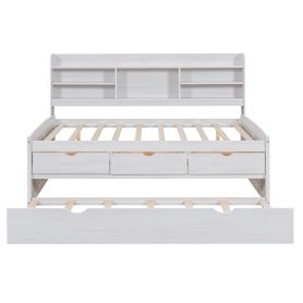 Full Size Wooden Captain Bed with Built-in Bookshelves,Three Storage Drawers and Trundle