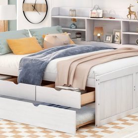 Full Size Wooden Captain Bed with Built-in Bookshelves,Three Storage Drawers and Trundle