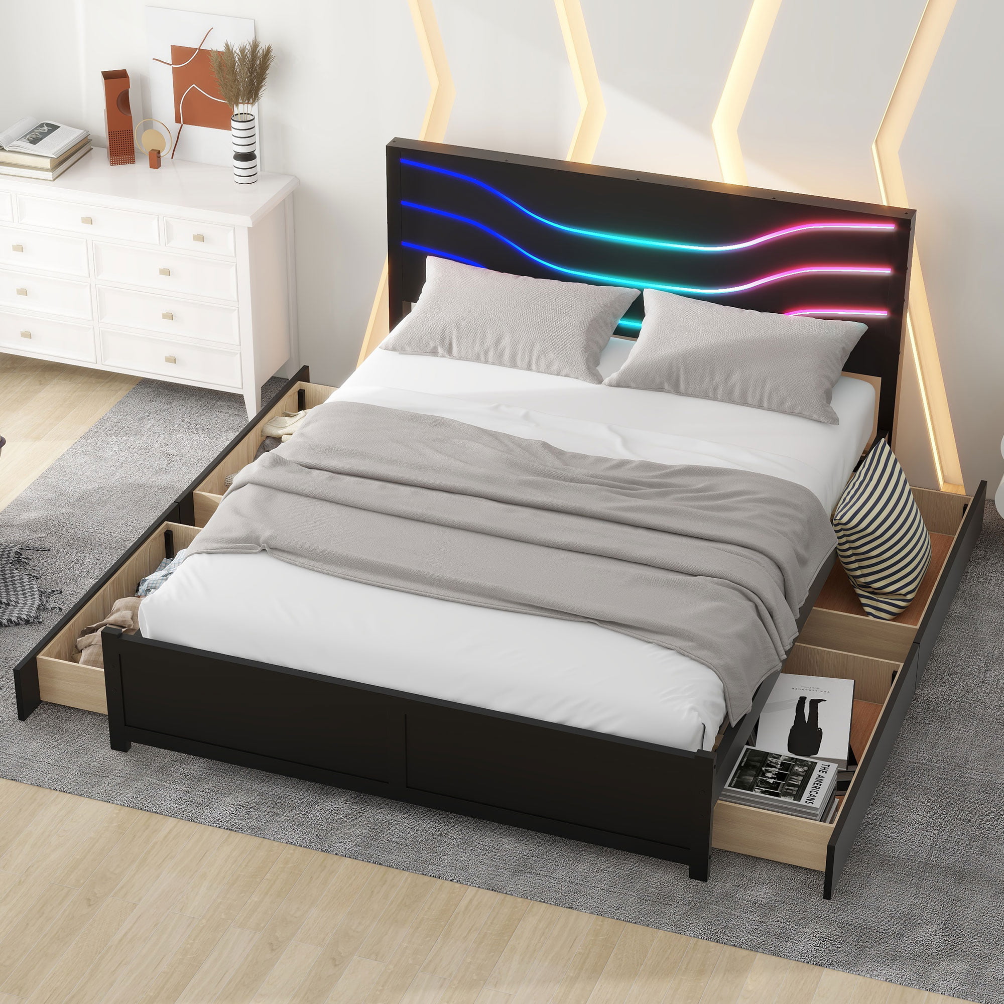 Queen Size Wood Storage Platform Bed with LED and 4 Drawers