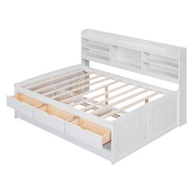 Full Size Wooden Captain Bed with Built-in Bookshelves,Three Storage Drawers and Trundle