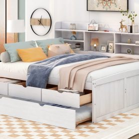 Full Size Wooden Captain Bed with Built-in Bookshelves,Three Storage Drawers and Trundle