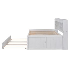 Full Size Wooden Captain Bed with Built-in Bookshelves,Three Storage Drawers and Trundle