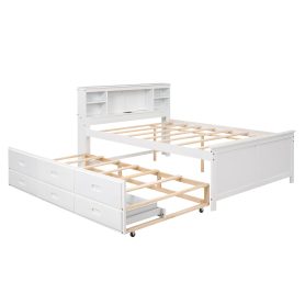 Full Size Platform Bed with Storage Headboard, USB, Twin Size Trundle and 3 Drawers