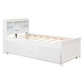Twin Size Platform Bed With Storage Headboard, Usb, Twin Size Trundle And 3 Drawers