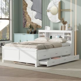 Full Size Platform Bed with Storage Headboard, USB, Twin Size Trundle and 3 Drawers
