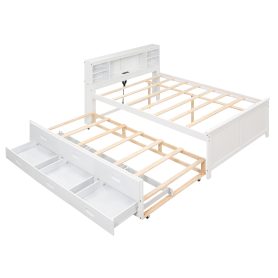 Full Size Platform Bed with Storage Headboard, USB, Twin Size Trundle and 3 Drawers
