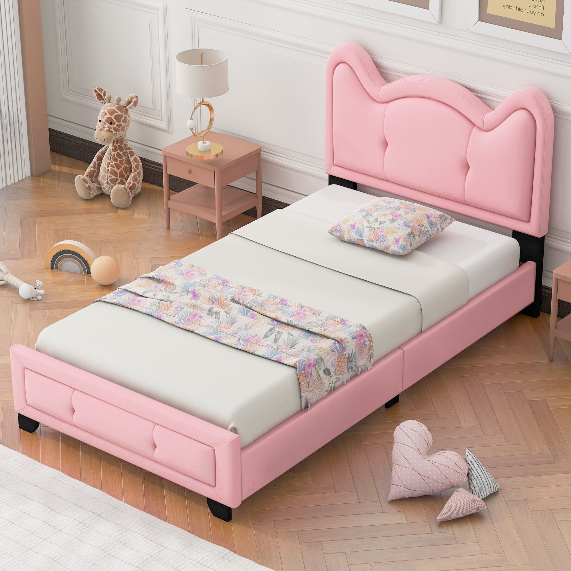 Twin Size Upholstered Platform Bed With Carton Ears Shaped Headboard