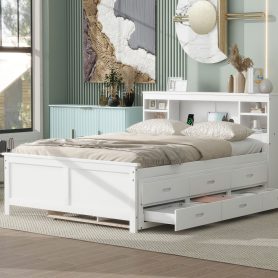Full Size Platform Bed with Storage Headboard, USB, Twin Size Trundle and 3 Drawers