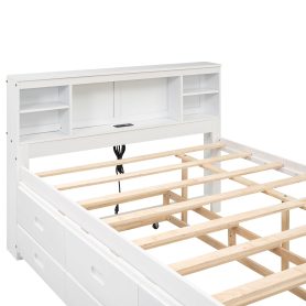 Full Size Platform Bed with Storage Headboard, USB, Twin Size Trundle and 3 Drawers