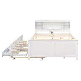 Full Size Platform Bed with Storage Headboard, USB, Twin Size Trundle and 3 Drawers
