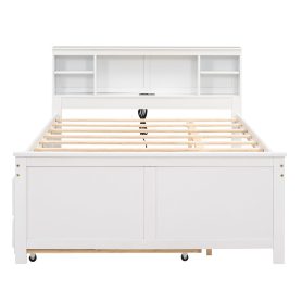 Full Size Platform Bed with Storage Headboard, USB, Twin Size Trundle and 3 Drawers