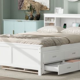 Full Size Platform Bed with Storage Headboard, USB, Twin Size Trundle and 3 Drawers