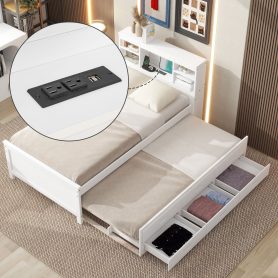 Twin Size Platform Bed With Storage Headboard, Usb, Twin Size Trundle And 3 Drawers
