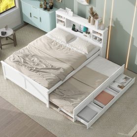 Full Size Platform Bed with Storage Headboard, USB, Twin Size Trundle and 3 Drawers
