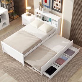 Twin Size Platform Bed With Storage Headboard, Usb, Twin Size Trundle And 3 Drawers