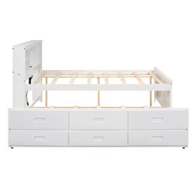 Full Size Platform Bed with Storage Headboard, USB, Twin Size Trundle and 3 Drawers