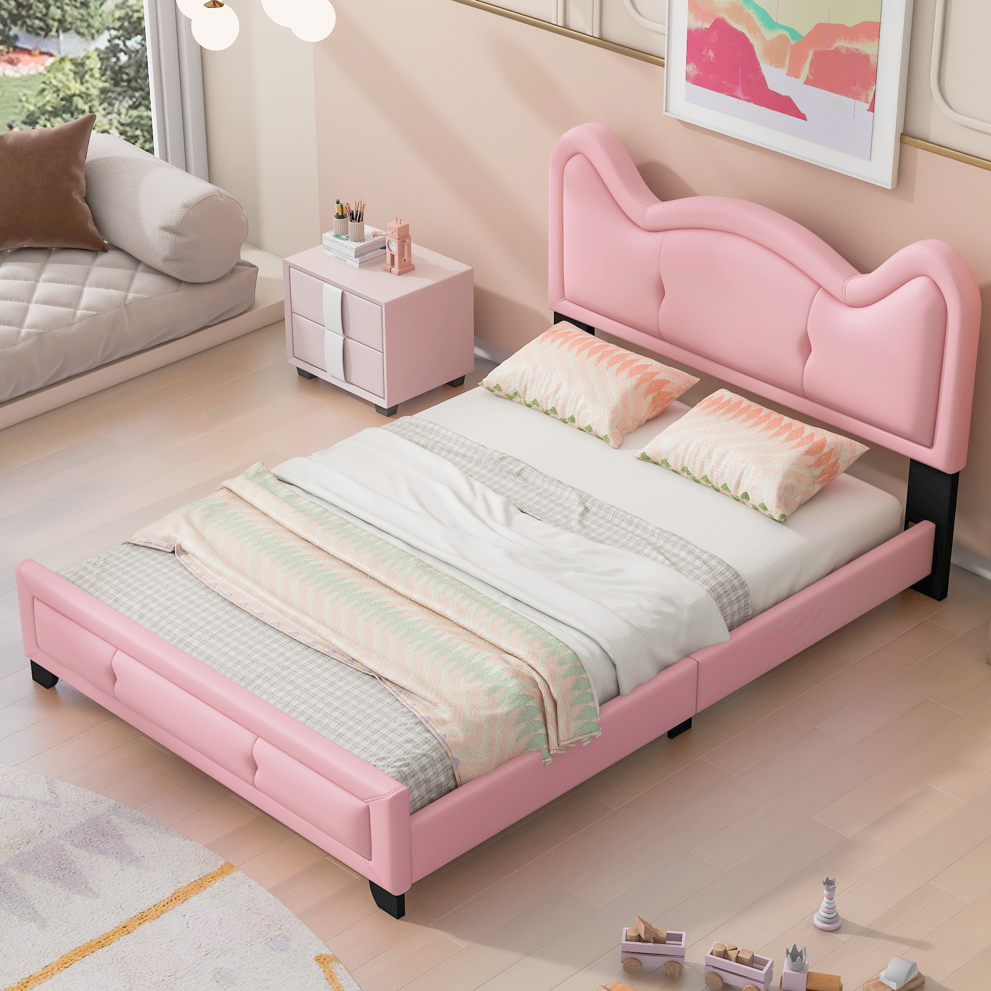 Full Size Upholstered Platform Bed with Carton Ears Shaped Headboard