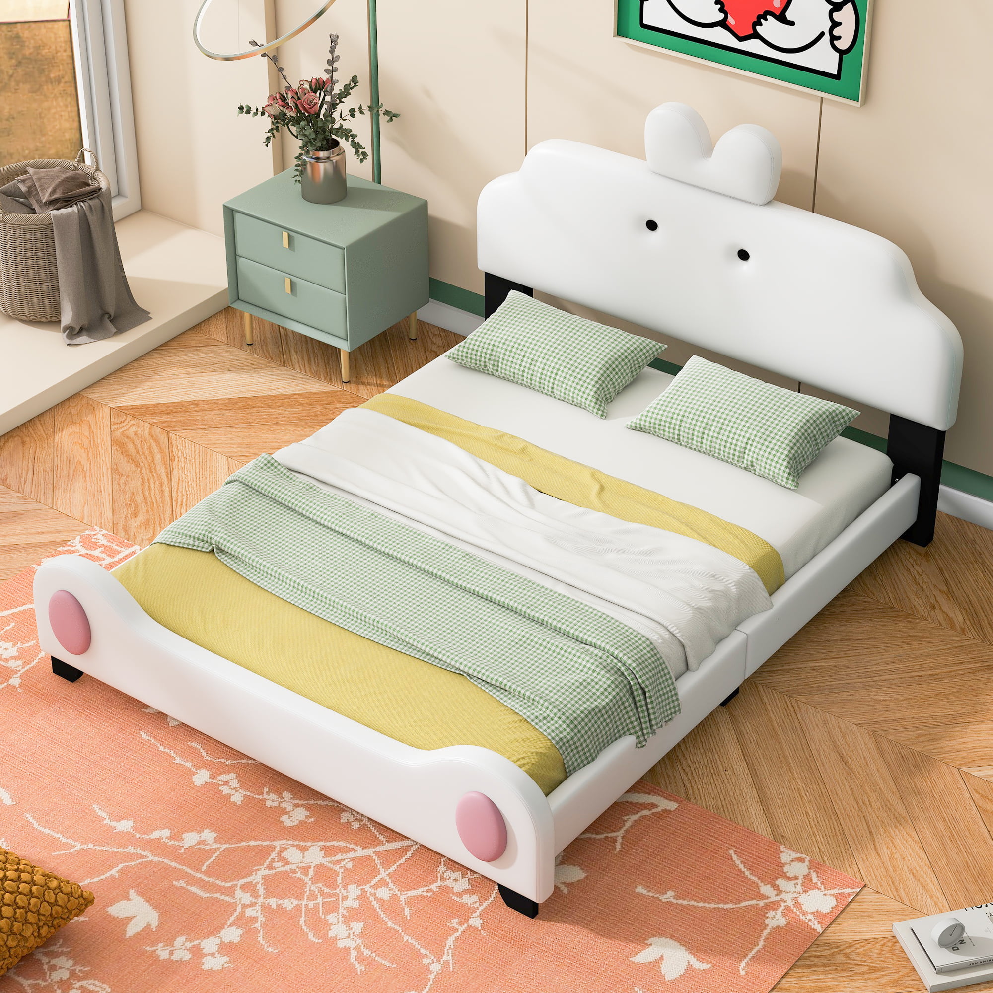Full Size Upholstered Platform Bed With Cartoon Headboard And Footboard