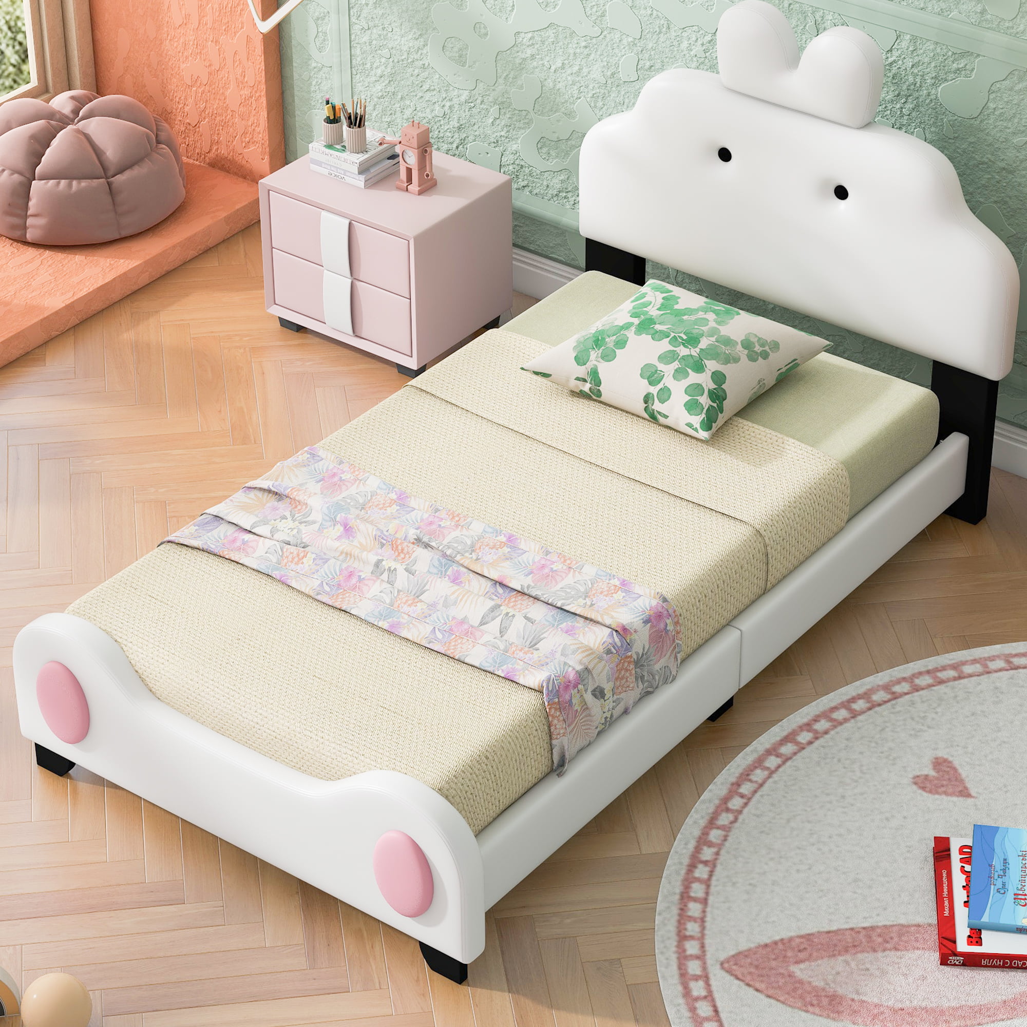 Twin Size Upholstered Platform Bed with Cartoon Headboard and Footboard