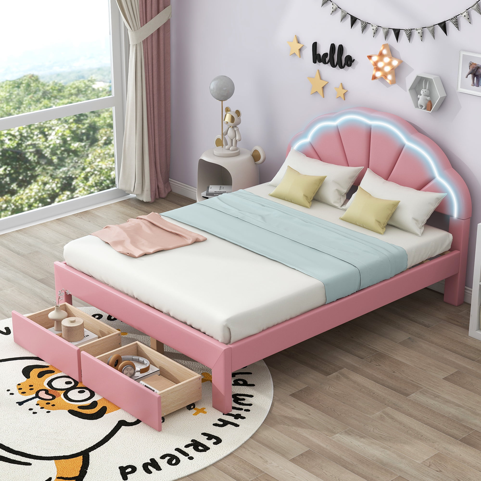 Queen Size Upholstered Platform Bed With Seashell Shaped Headboard, LED And 2 Drawers